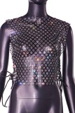 Black Sexy Patchwork See-through O Neck Tops