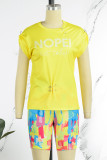 Yellow Casual Street Print Patchwork O Neck Short Sleeve Two Pieces