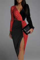 Red Sexy Casual Elegant Color Block Sequins Slit V Neck Irregular Dress Dresses