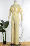 Colour Casual Print Patchwork Flounce Off the Shoulder Straight Jumpsuits