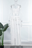 White Sexy Solid Bandage Hollowed Out Patchwork Slit Spaghetti Strap Sleeveless Two Pieces