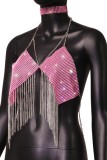 Pink Sexy Patchwork Tassel Chains Backless Halter Tops