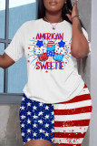 White Casual Flag Stars Street Graphic Print Short Sleeve Shorts and T Shirt Set