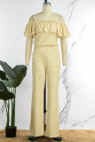 Colour Casual Print Patchwork Flounce Off the Shoulder Straight Jumpsuits