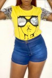 Yellow Casual Print Patchwork O Neck T-Shirts