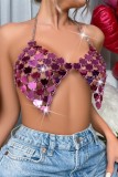 Silver Sexy Patchwork Patchwork Chains Backless Halter Tops