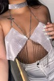 Gold Sexy Patchwork Tassel Chains Backless Halter Tops