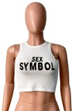 White Casual Letter Print Basic O Neck Tops