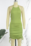 Green Yellow Sexy Solid Patchwork Draw String Fold O Neck Pencil Skirt Dresses