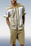 Brown Two Piece Short Sleeve Print Walking Suit Set With Shorts