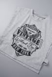 Grey Casual Print Hollowed Out Patchwork O Neck T-Shirts