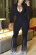 Black Elegant Twilled Satin Solid Tassel V Neck Skinny Jumpsuits