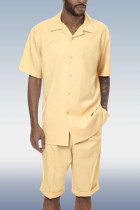 Light Yellow Two Piece Short Sleeve Print Walking Suit Set With Shorts