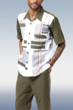 Dark Green Olive Geometric Print Walking Suit 2 Piece Short Sleeve Set