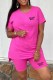 Rose Red Casual Print Letter O Neck Short Sleeve Two Pieces