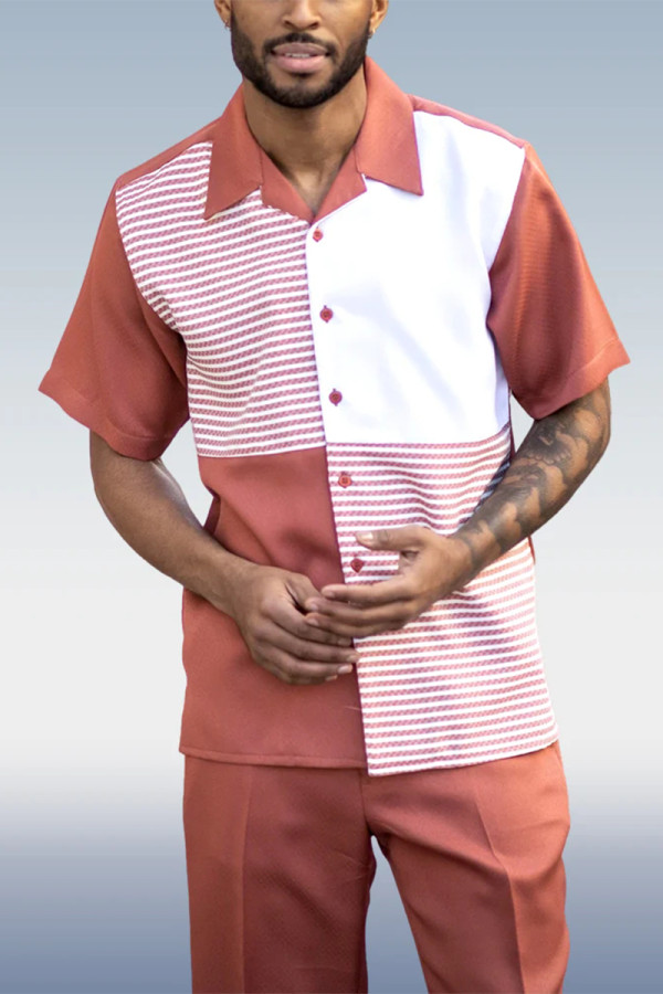 Orange Red Men's 2 Piece Short Sleeve Walking Suit Contrast Stripe in Rust