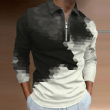 Dark Gray Men's Abstract Graphic Prints Turndown Long Sleeve Zipper Polo Shirt