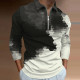 Dark Gray Men's Abstract Graphic Prints Turndown Long Sleeve Zipper Polo Shirt