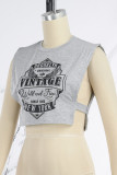 Grey Casual Print Hollowed Out Patchwork O Neck T-Shirts