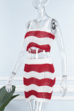 Red Sexy Casual Striped Print Backless Spaghetti Strap Sleeveless Two Pieces