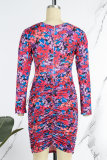 Fuchsia Casual Street Print Patchwork Fold V Neck One Step Skirt Dresses