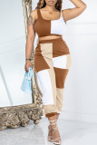 Brown Casual Patchwork Vests U Neck Sleeveless Two Pieces