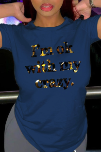 Navy Blue Casual Daily Print Letter O Neck T-Shirts