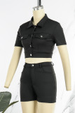 Army Green Sexy Casual Street Solid Camouflage Print Pocket Buttons Turndown Collar Two Pieces