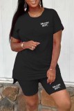 Red Casual Print Letter O Neck Short Sleeve Two Pieces