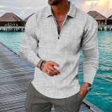 Light Blue Men's 3D Print Plaid Half Zipper Long Sleeve Golf Shirt