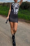 Black Sexy Print Basic O Neck Sleeveless Dress Dresses