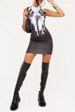 Black Sexy Print Basic O Neck Sleeveless Dress Dresses