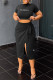 Black Casual Letter Print Frenulum Slit Short Sleeve Two Pieces