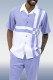 White Purple Men's 2 Piece Short Sleeve Walking Suit Contrast Striped Pattern in Lavender