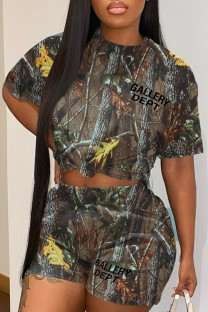 Brownness Casual Street Camouflage Print Patchwork Pocket O Neck Short Sleeve Two Pieces