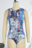 Blue Sexy Print Patchwork O Neck Sleeveless Two Pieces