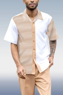Khaki Tan Vertical Color Block Walking Suit 2 Piece Short Sleeve Set