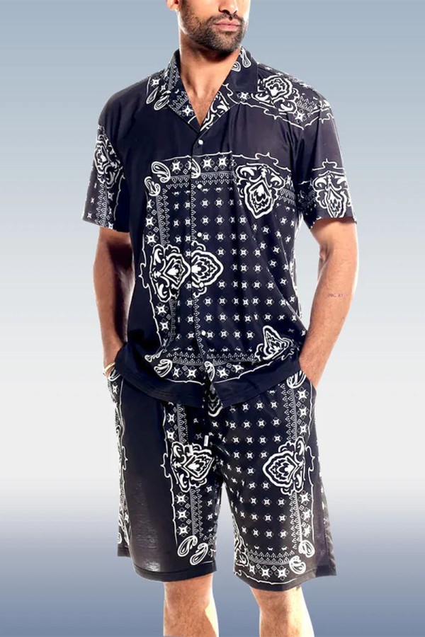 Black Men's Casual Print 2 Piece Shorts Set