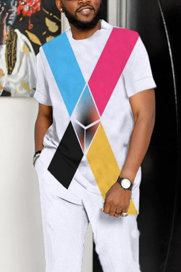 White Men's Casual Colorblock Walking Suit-027