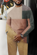 Brown Men's Casual Color Blocking Long Sleeve Walking Suit-172
