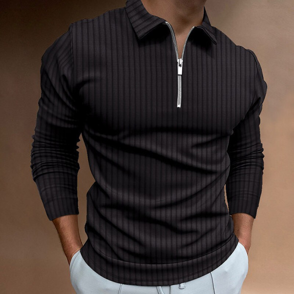 Black Men's Waffle Solid Color Collar Patchwork Long Sleeve Zipper Shirt