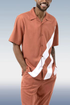 Orange Red Diagonal Stripes Short Sleeve Trousers Two-Piece Walking Set