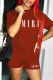 Tangerine Red Casual Print Letter O Neck Short Sleeve Two Pieces