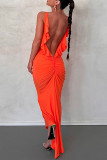 Tangerine Red Sexy Casual Elegant Solid Backless Fold Stringy Selvedge Spaghetti Strap Pencil Skirt Dresses