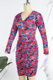 Fuchsia Casual Street Print Patchwork Fold V Neck One Step Skirt Dresses