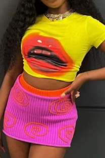 Pink Yellow Sexy Casual Street Lips Printed Patchwork O Neck Short Sleeve Two Pieces