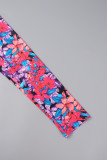 Fuchsia Casual Street Print Patchwork Fold V Neck One Step Skirt Dresses
