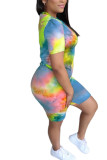 Fluorescent green Milk Silk Fashion Casual adult Ma'am Geometric Tie Dye Two Piece Suits pencil Short Sleeve Two Pieces