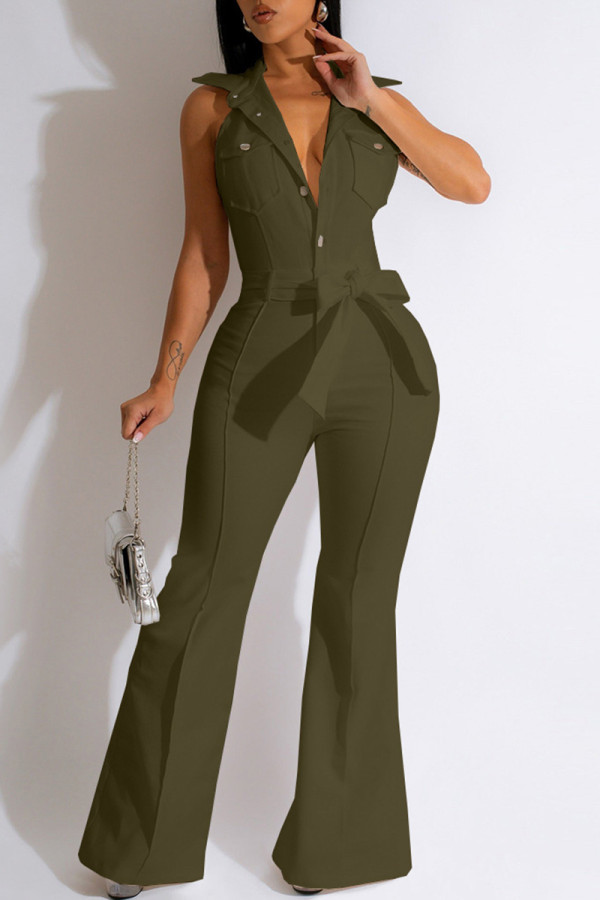 Green Casual Solid Patchwork Backless Turndown Collar Skinny Jumpsuits