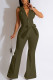 Green Casual Solid Patchwork Backless Turndown Collar Skinny Jumpsuits